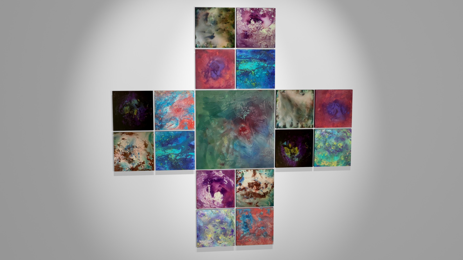 Anacrónico Polyptych – 17 panels, mixed media on canvas